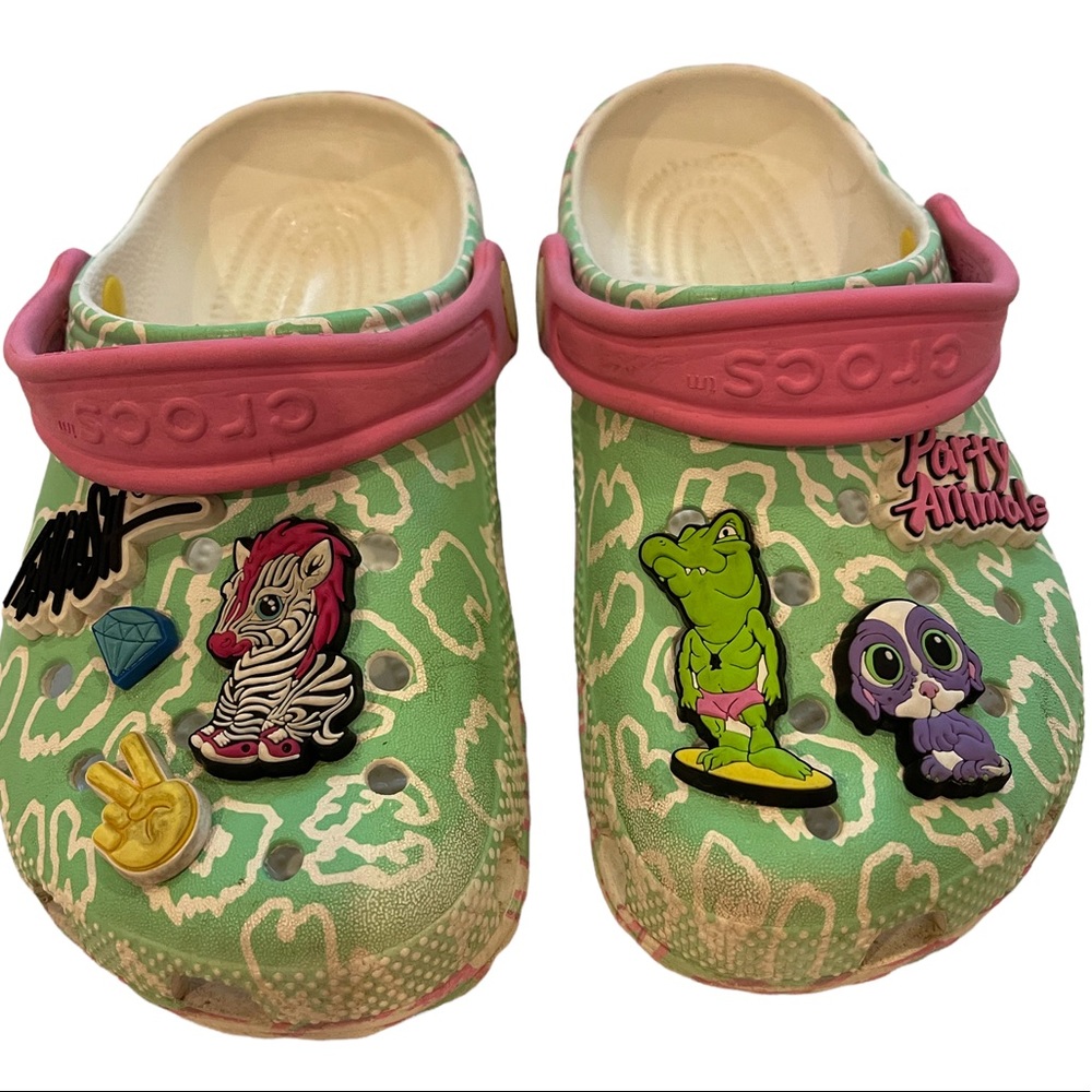 CHILD’S CROCS, PARTY ANIMALS GREEN AND PINK CLOGS, SIZE J 1